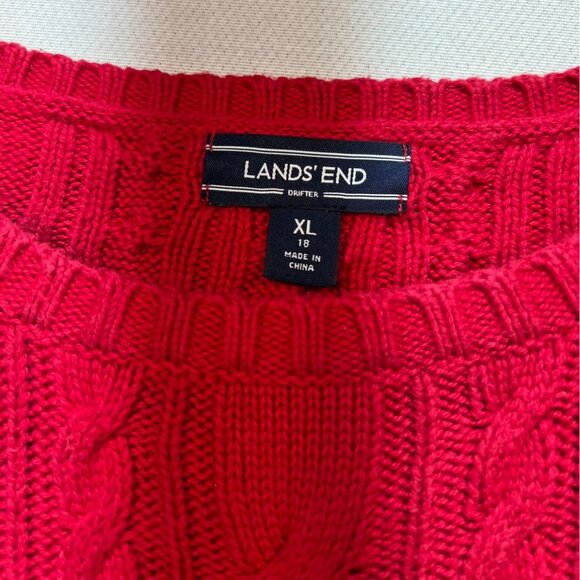 Lands' End Women Cable Knit Sweater Size XL Red Fisherman Boat Neck Casual - Picture 2 of 12